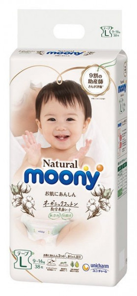 Подгузники Moony Natural L с хлопком, 9-14кг, 38шт. Произведены в Японии