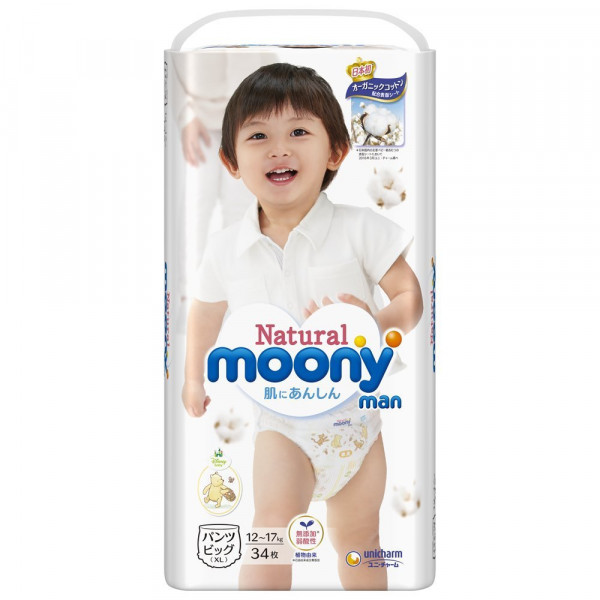 Moony Natural мягкие штанишки - трусики L (9-14кг) 36шт, Произведены в Японии