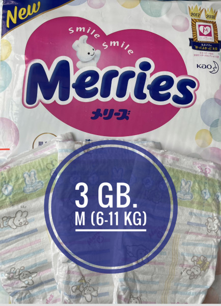 Merries autiņbiksītes ar klipšiem M izmērs 6-11 kg, 3 gabali (Ražots Japānā, Moony - līdzvērtīgs analogs)