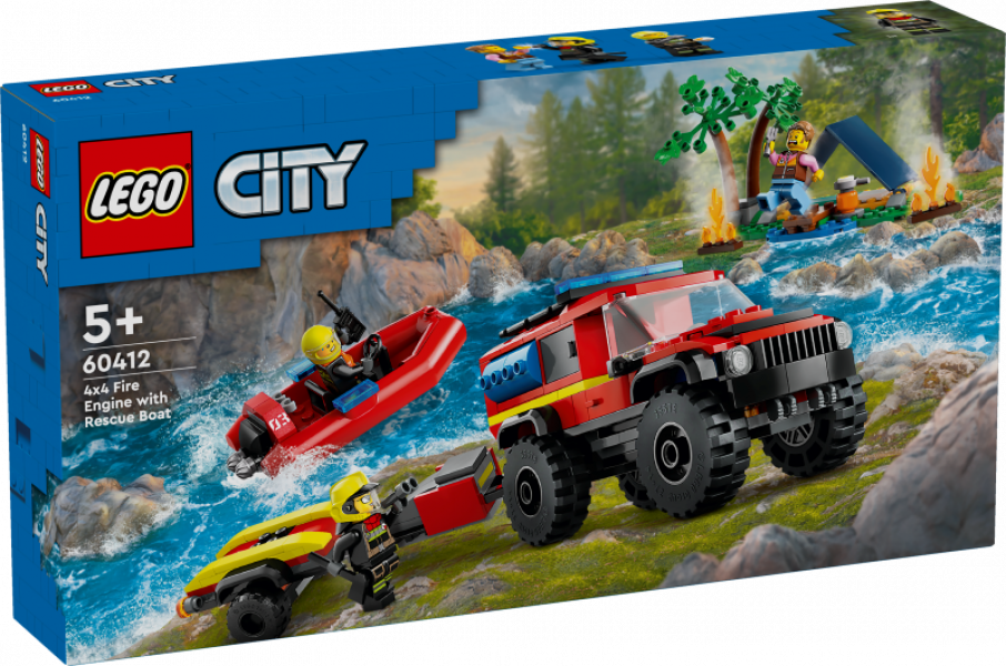 60412 LEGO® City 4x4 Ugunsdzēsēju auto ar glābšanas laivu , 5+ gadi, 2024 gada modelis