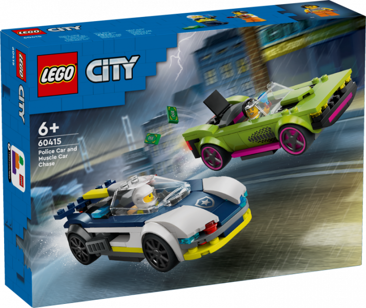 60415 LEGO® City Policijas auto un jaudīgā auto pakaļdzīšanās, 6+ gadi, 2024 gada modelis