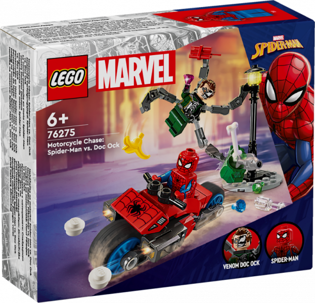 76275 LEGO® Marvel Super Heroes Pakaļdzīšanās ar motocikliem: Zirnekļcilvēks pret Doktoru Astoņkāji, 8+ gadi, 2024 gada modelis