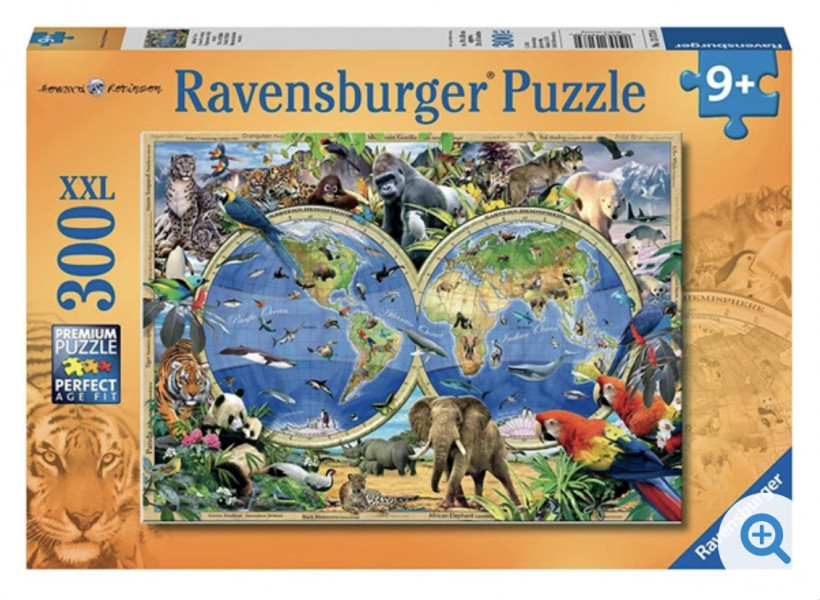 Ravensburger puzle pasaules karte savvaļas dzīvnieki, 300 XXL, no 9+ gadiem