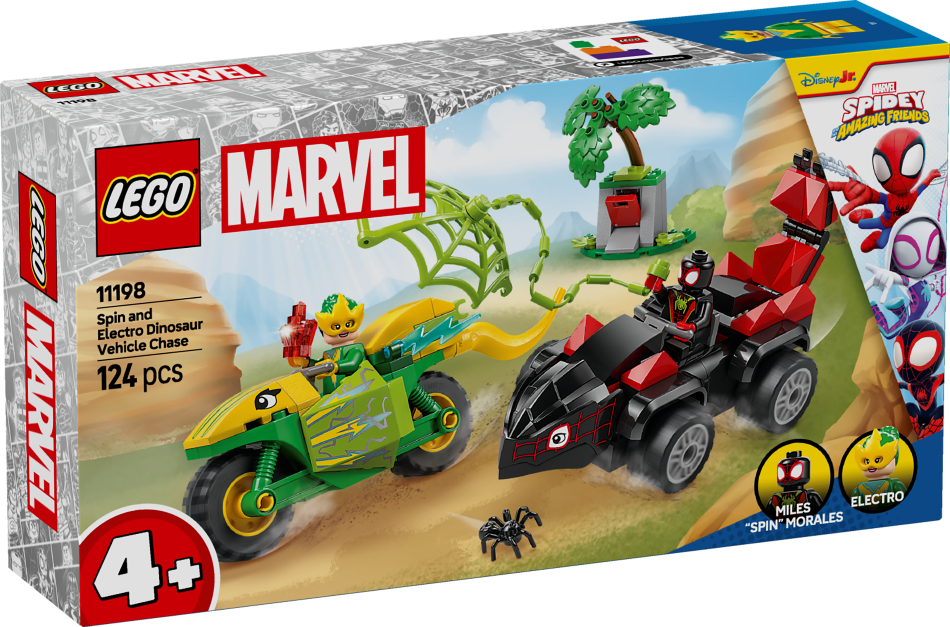 11198 LEGO® Marvel Spidey Spin un Electro dinozauru transportlīdzekļu pakaļdzīšanās, 4+ gadi, 2025 gada modelis