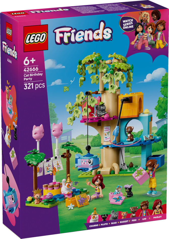 42666 LEGO® Friends Kaķu dzimšanas dienas ballīte un mājiņa kokā, 6+ gadi, 2025 gada modelis