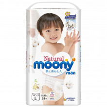 Moony Natural uzvelkamās biksītes ar kokvilnu L (9-14 kg) 36 gab
