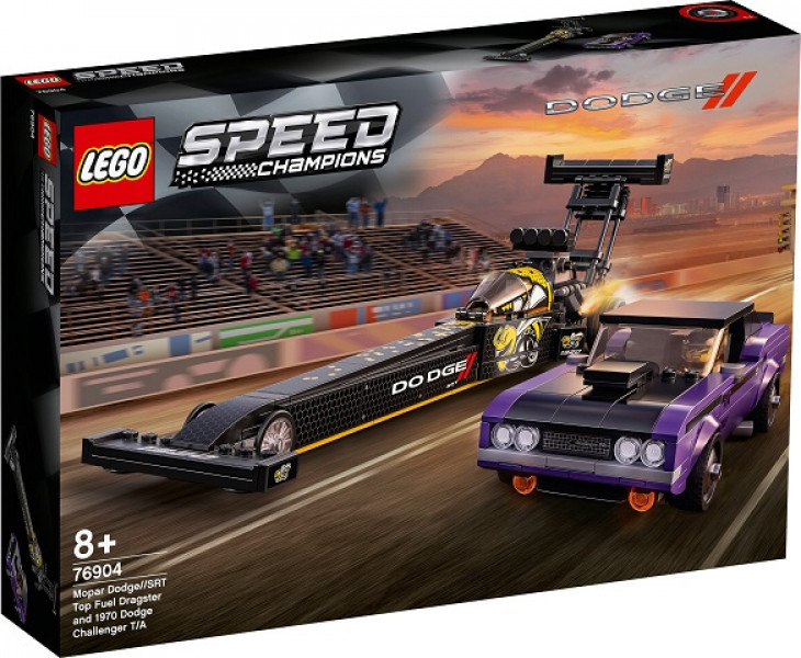 76904 LEGO® Speed Champions Mopar Dodge//SRT Top Fuel Dragster un 1970 Dodge Challenger T/A, no 8+ gadiem, 2021 gada modelis