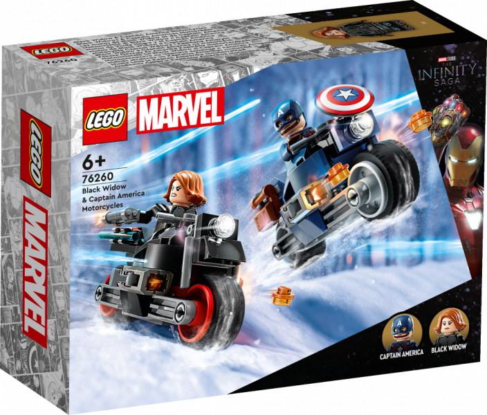 76260 LEGO® Marvel Super Heroes Melnās atraitnes un Kapteiņa Amerikas motocikli, 8+ gadi, 2023 gada modelis