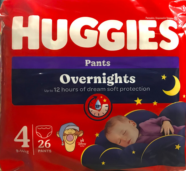 AKCIJA!!! HUGGIES Overnights (Dry Nites) nakts biksītes 4 izmērs 9 -14kg, 26 gb