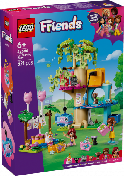 42666 LEGO® Friends Kaķu dzimšanas dienas ballīte un mājiņa kokā, 6+ gadi, 2025 gada modelis