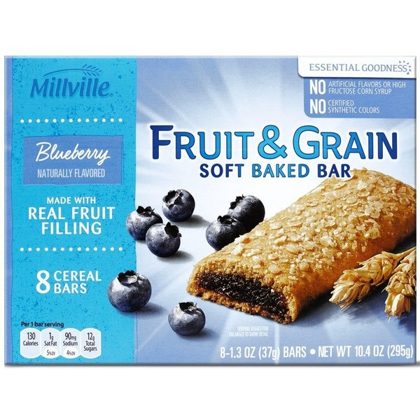 Millville Blueberry Fruit & Grain Bar pilngraudu auzu-kviešu miltu batoniņi ar melleņu pildījumu, 8 gb x 37 g, Art. 7888